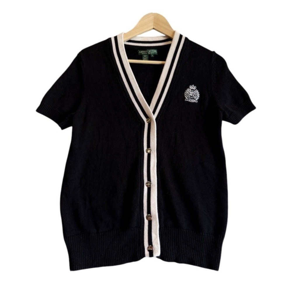 Lauren Ralph Lauren Cardigan Women S Black Varsity Crest Short Sleeve V-Neck